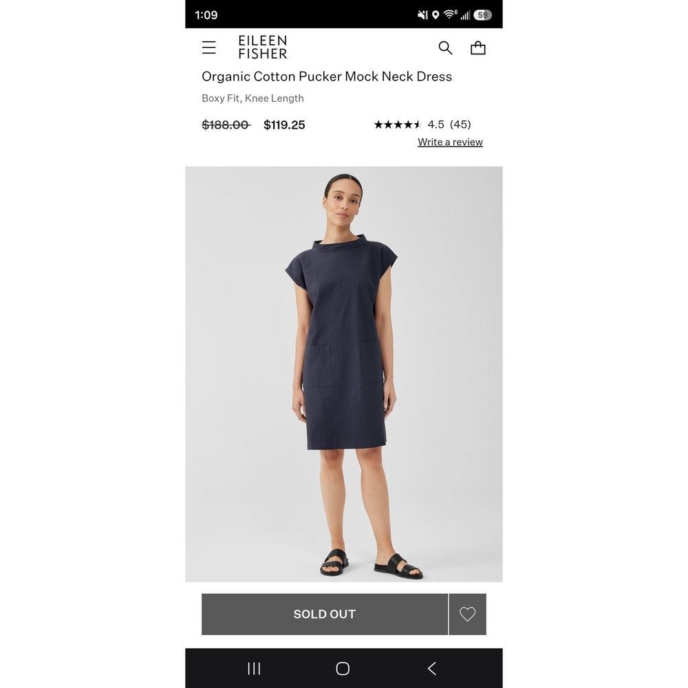 Eileen Fisher Organic Cotton Pucker Mock Neck Dress Black XL Patch Pockets Boho - Picture 2 of 9